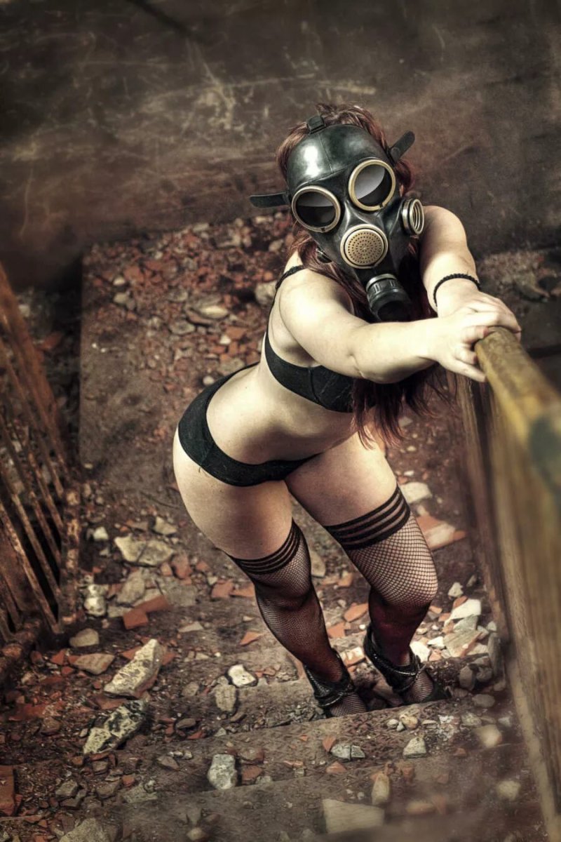 A woman in a gas mask