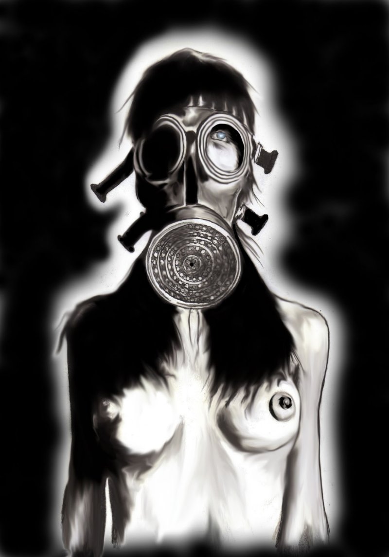 A woman in a gas mask