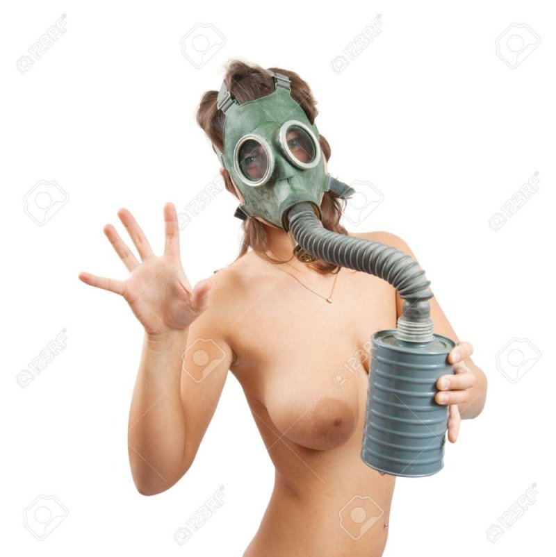 A woman in a gas mask