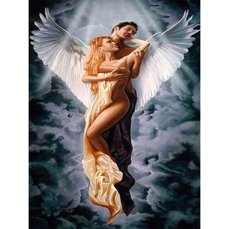 The angel hugs the girl