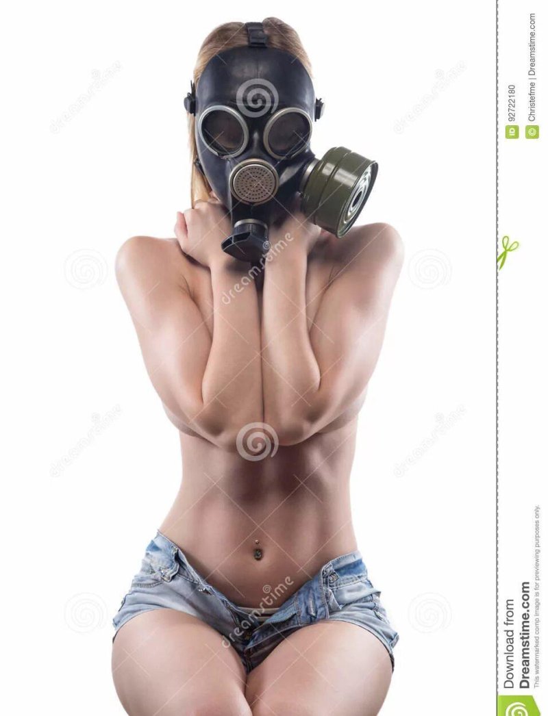 A woman in a gas mask